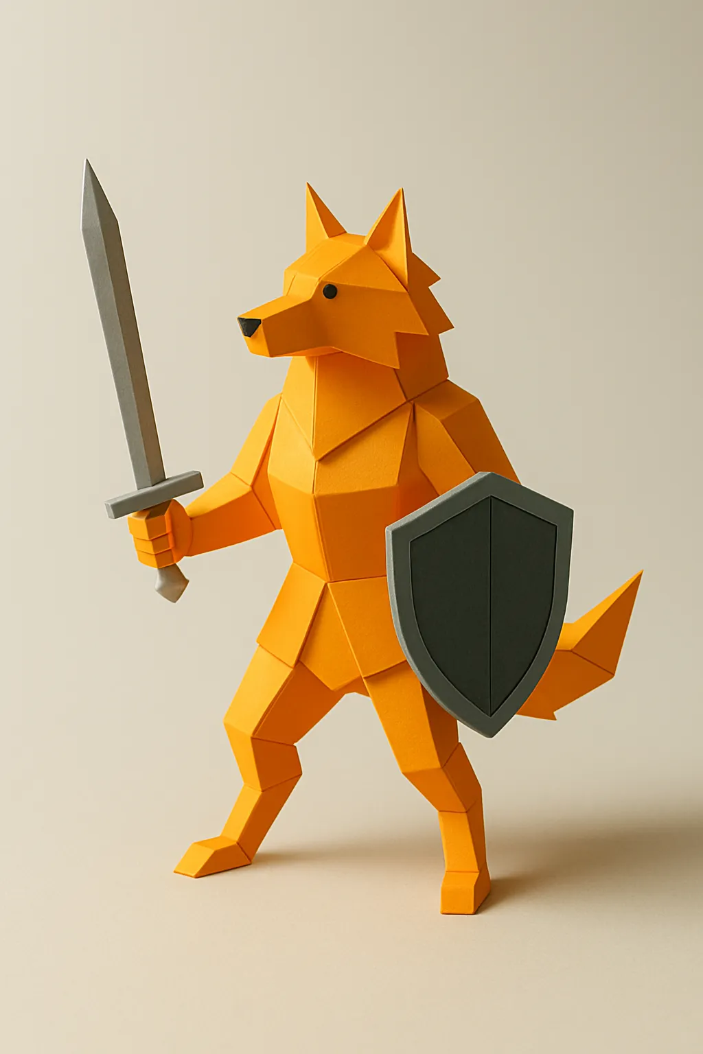 loup orange en origami portant une épée et un bouclier représentant l'attaque et la défense en cybersécurité