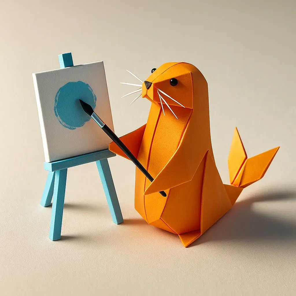 un phoque directeur artistique en origami en train de peindre