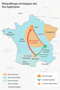 visualisation de données par une carte de France sur le rééquilibrage stratégique des flux logistiques